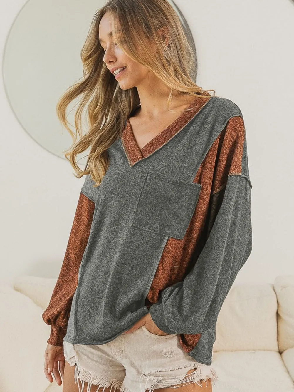 Brown Color Block Patchwork V Neck Loose Knit Top for Fall & Autumn