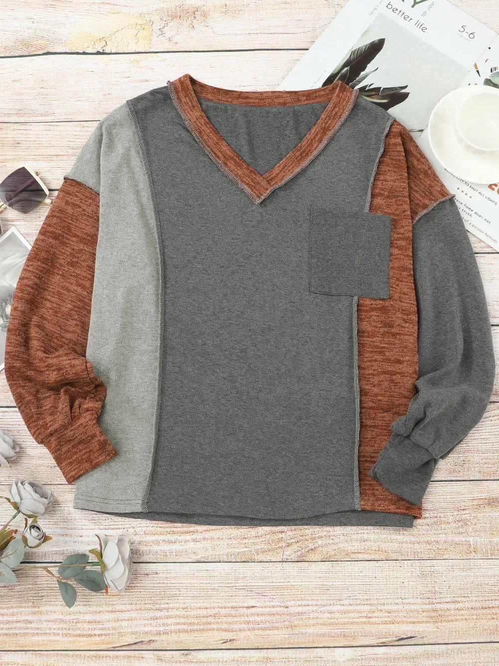 Brown Color Block Patchwork V Neck Loose Knit Top for Fall & Autumn