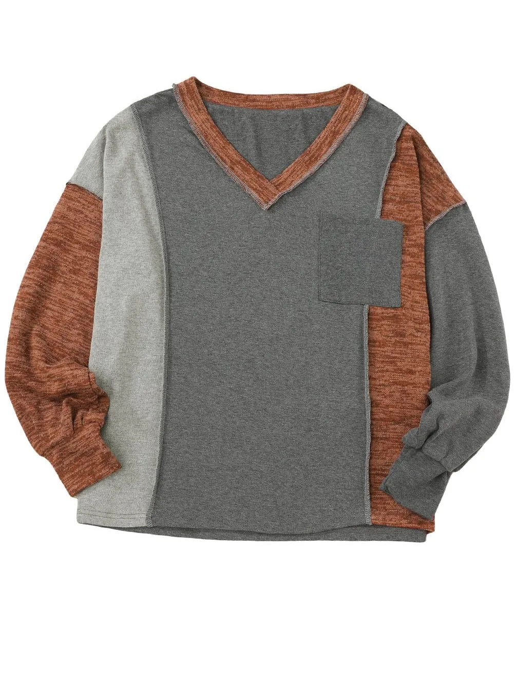 Brown Color Block Patchwork V Neck Loose Knit Top for Fall & Autumn