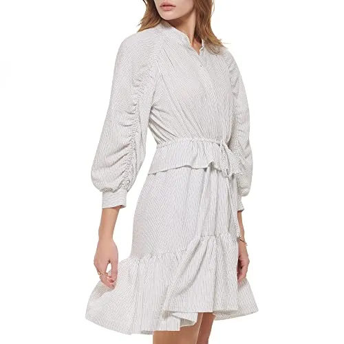 Calvin Klein Women's Tie Waist Ruched Sleeve Shirtdress White Size Large