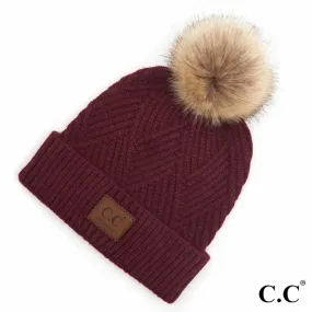 CC Diagonal Stripe Knit Pattern Pom Beanie - Berry Mix