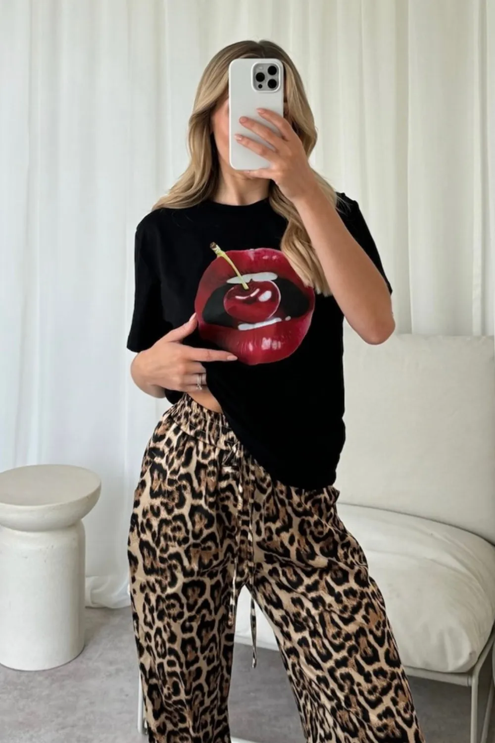 Cherry lips black printed t-shirt