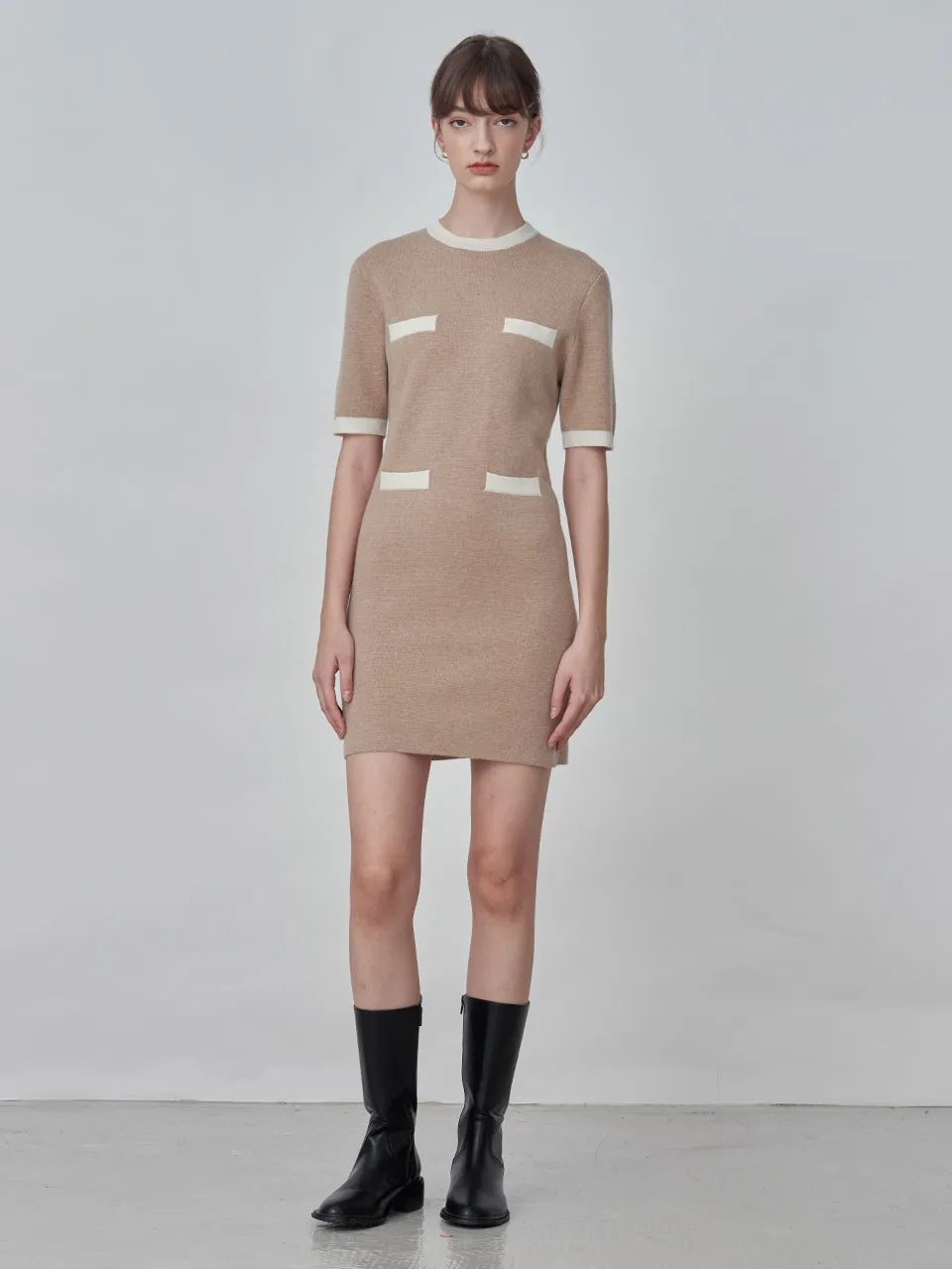 Color Block Shortsleeve Dress_Camel