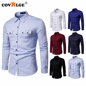 Covrlge Men's Business Shirt Slim Fit New Casual Shirts Mens Double Pocket Long Sleeve Clothes MCL197