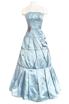 Custom Made 1998 Ice Baby Blue Silk Satin Intricate Panel Strapless Dress W Bead Detail
