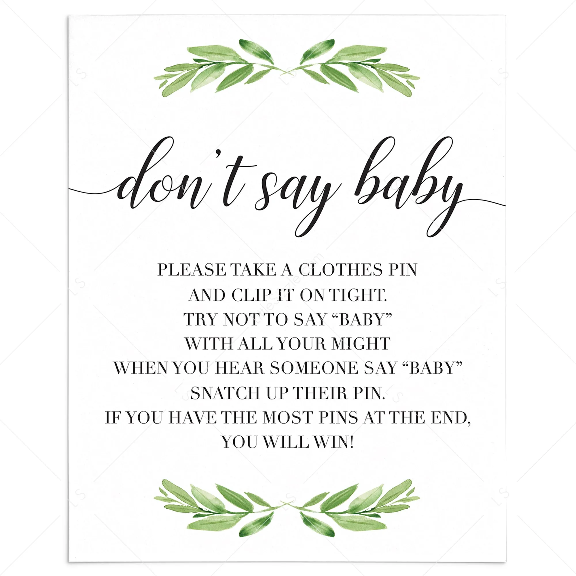 Don't Say Baby Game Sign for Gender Neutral Baby Shower
