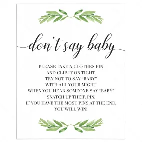 Don't Say Baby Game Sign for Gender Neutral Baby Shower