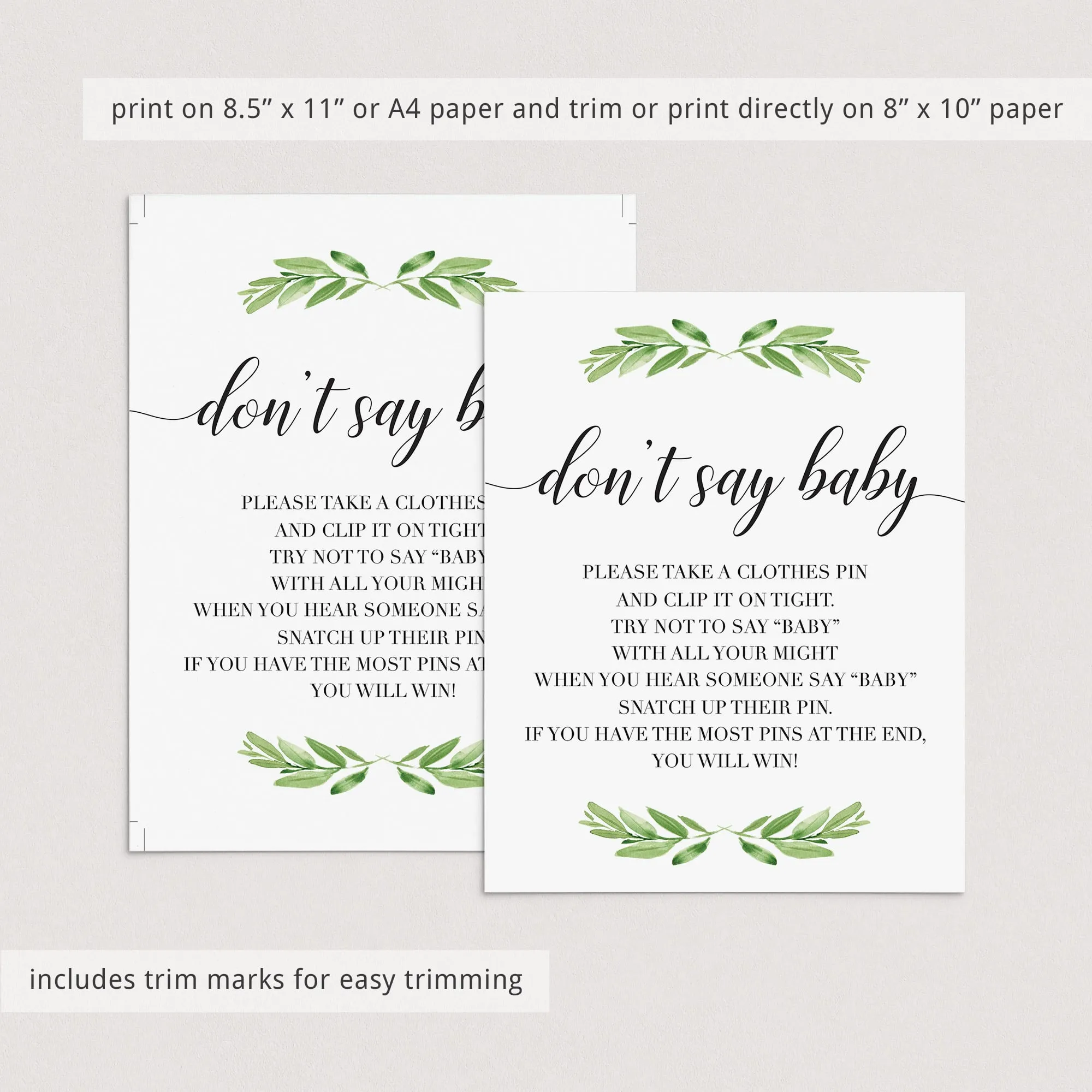 Don't Say Baby Game Sign for Gender Neutral Baby Shower