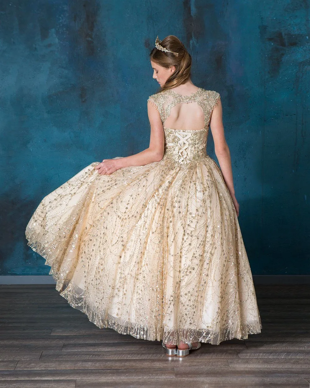 Girls Glitter Cap Sleeve Ball Gown by Calla KY226