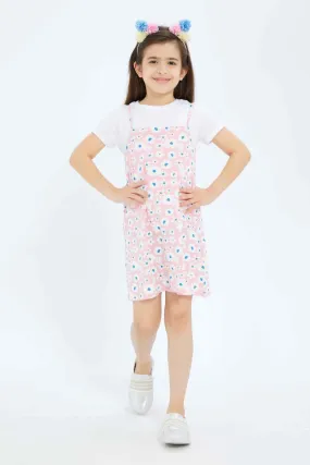 Girls Pink And White Dress Set With T-Shirt (2 Piece)