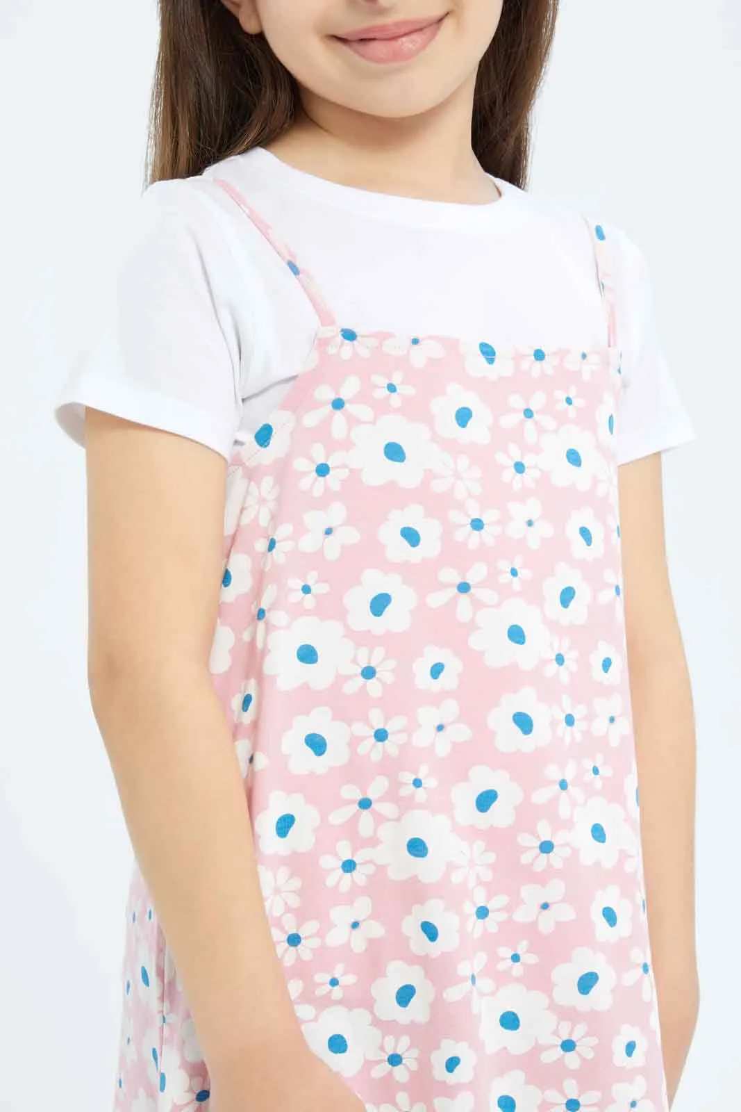 Girls Pink And White Dress Set With T-Shirt (2 Piece)