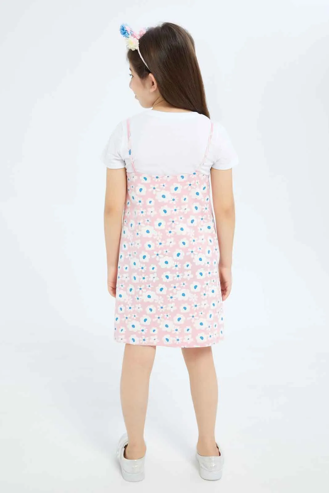 Girls Pink And White Dress Set With T-Shirt (2 Piece)