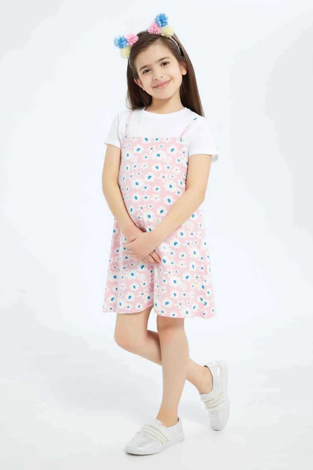Girls Pink And White Dress Set With T-Shirt (2 Piece)