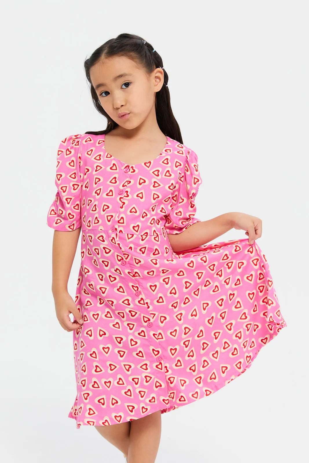 Girls Pink Printed Shirt Dress
