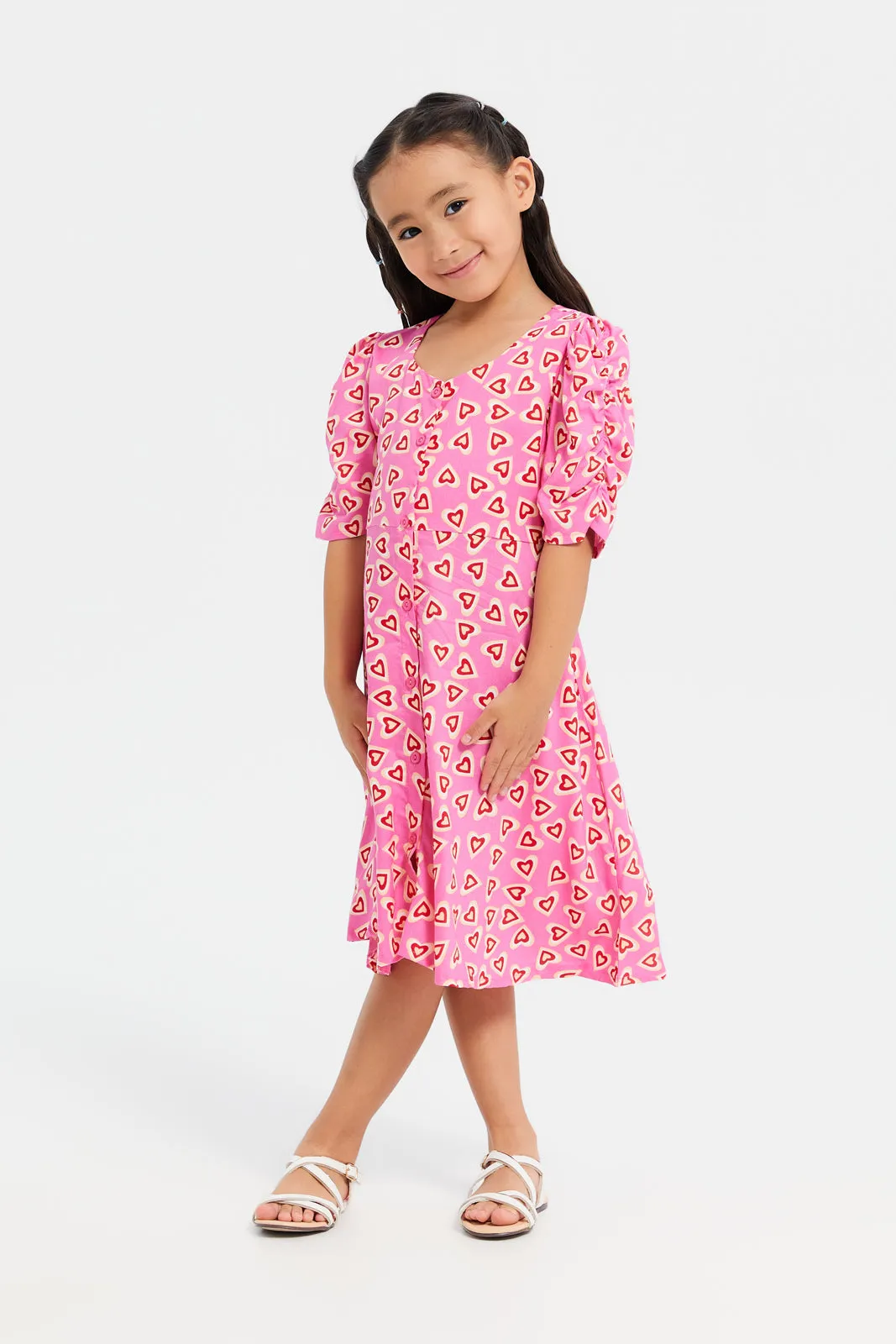 Girls Pink Printed Shirt Dress