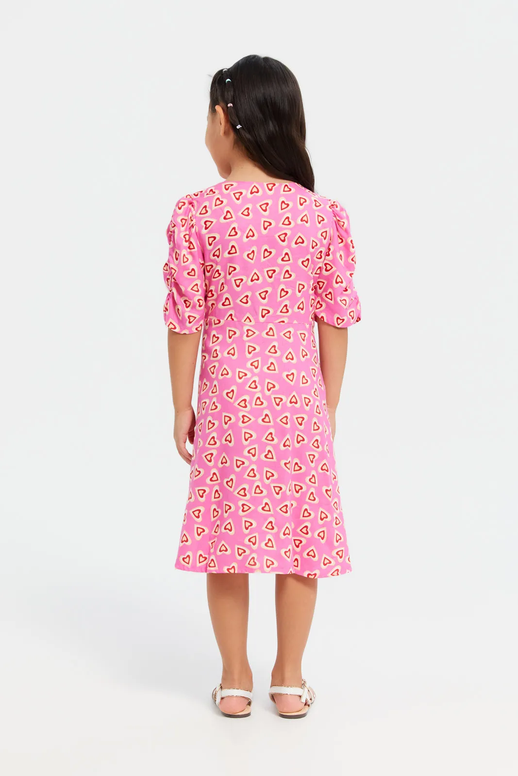 Girls Pink Printed Shirt Dress