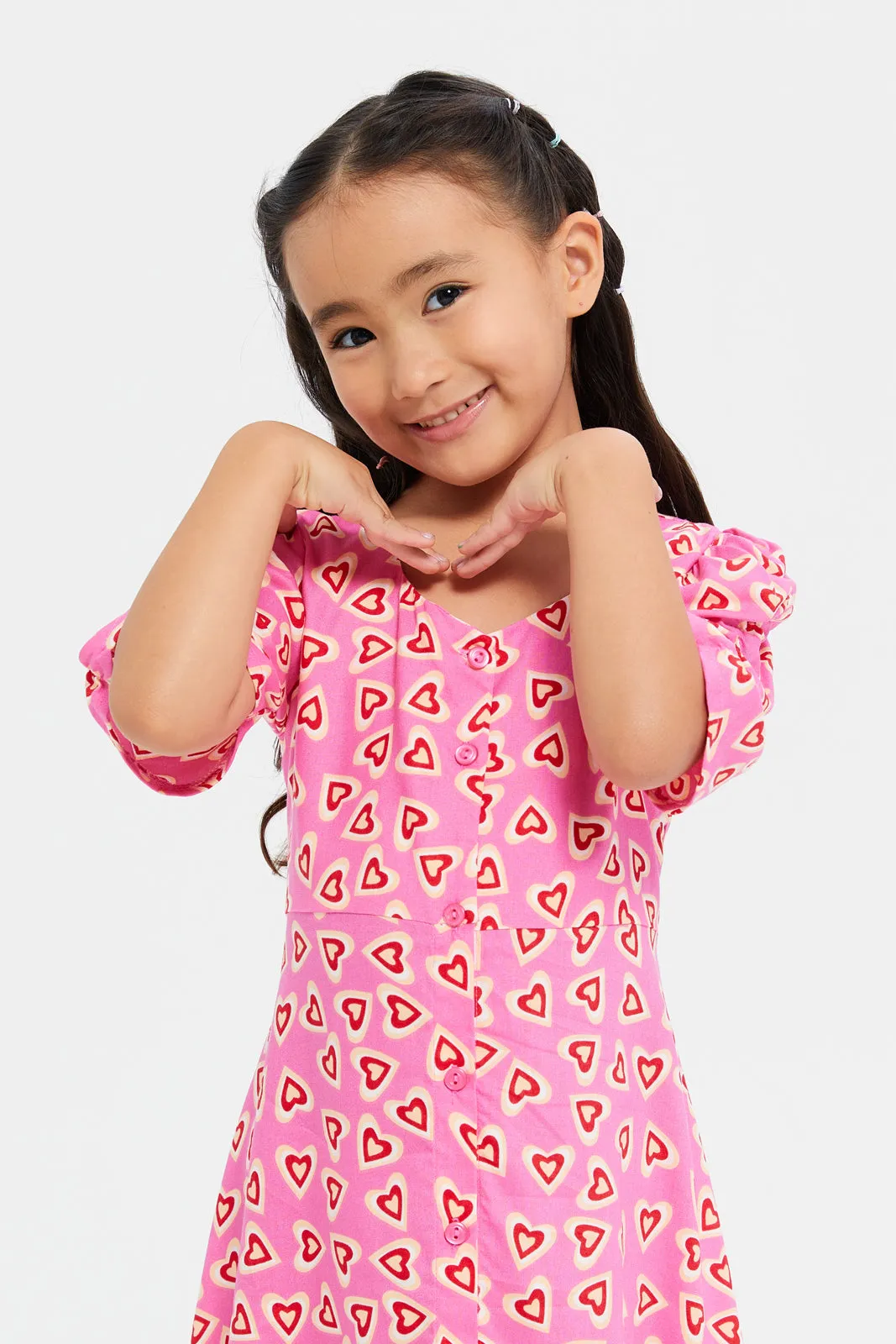 Girls Pink Printed Shirt Dress