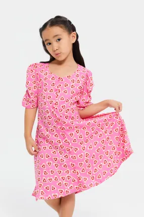 Girls Pink Printed Shirt Dress