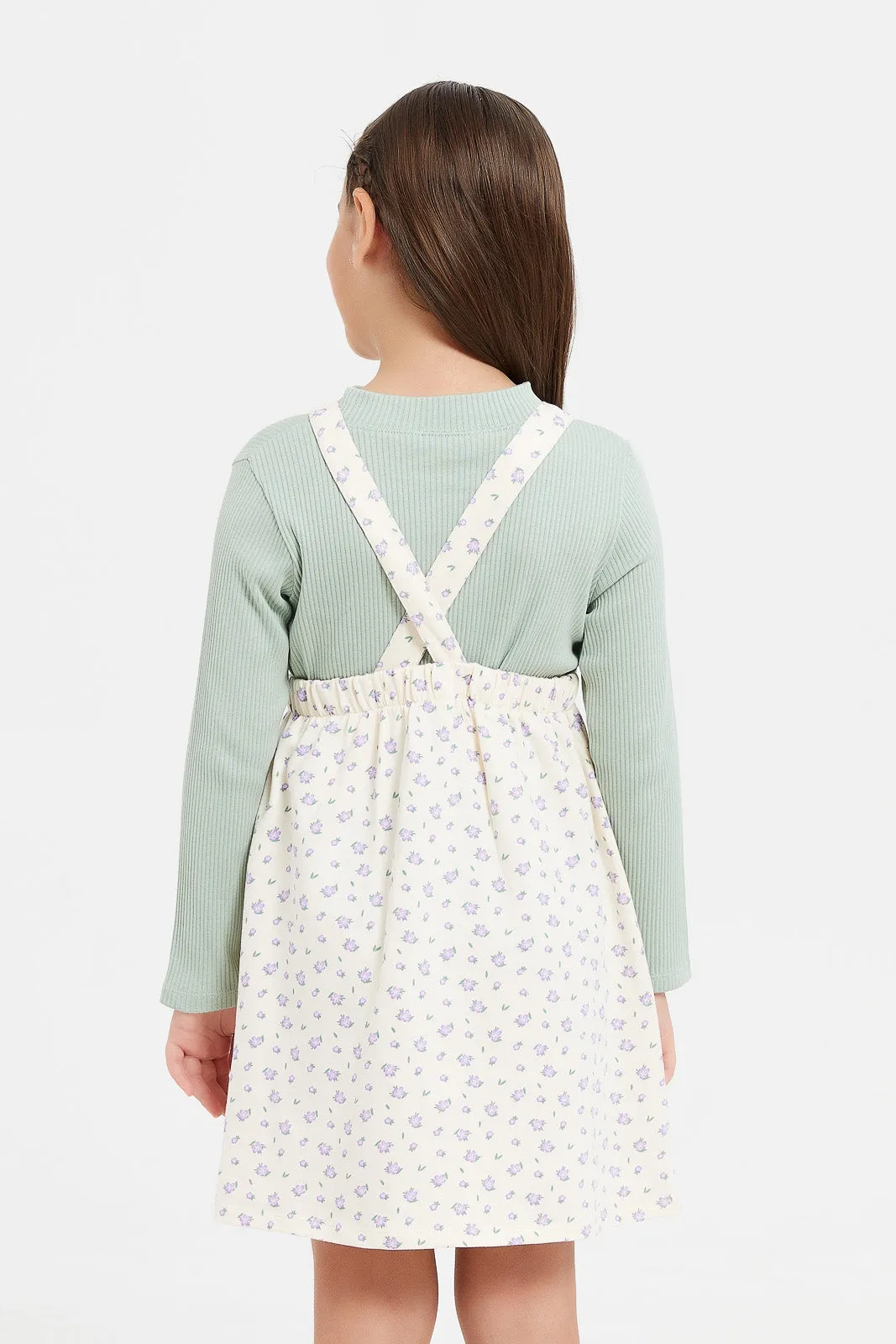 Girls Teal Printed Dungaree Set (2 Piece)