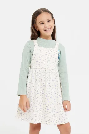 Girls Teal Printed Dungaree Set (2 Piece)