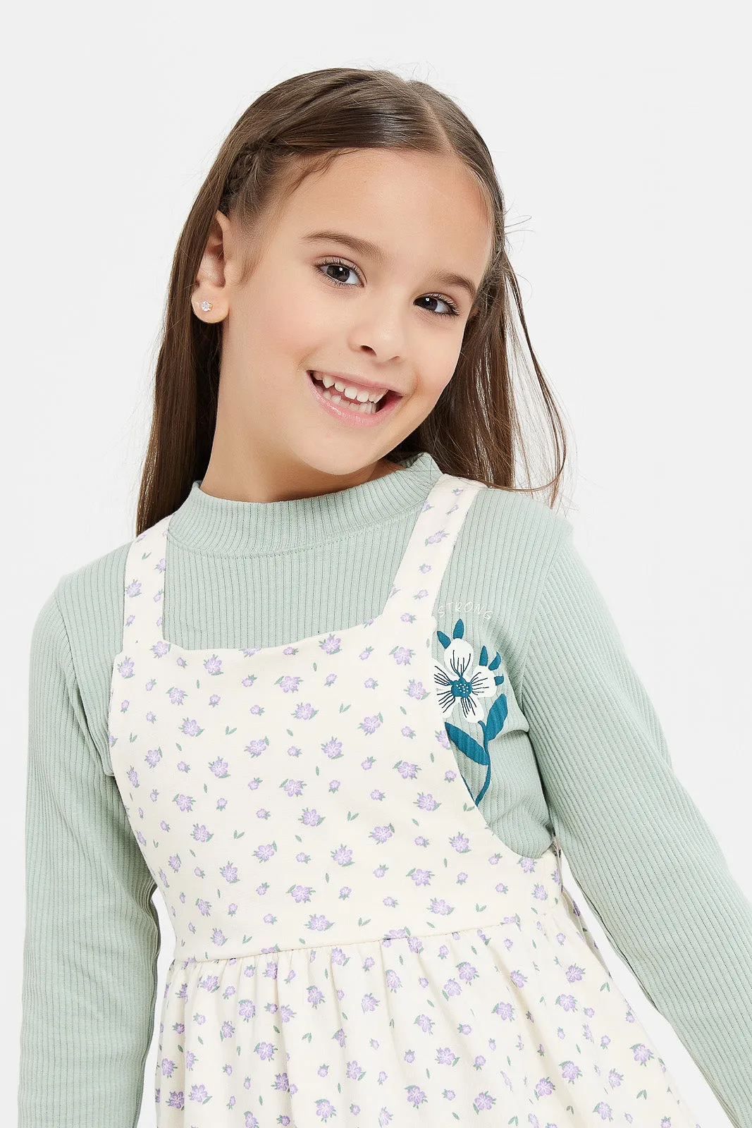 Girls Teal Printed Dungaree Set (2 Piece)