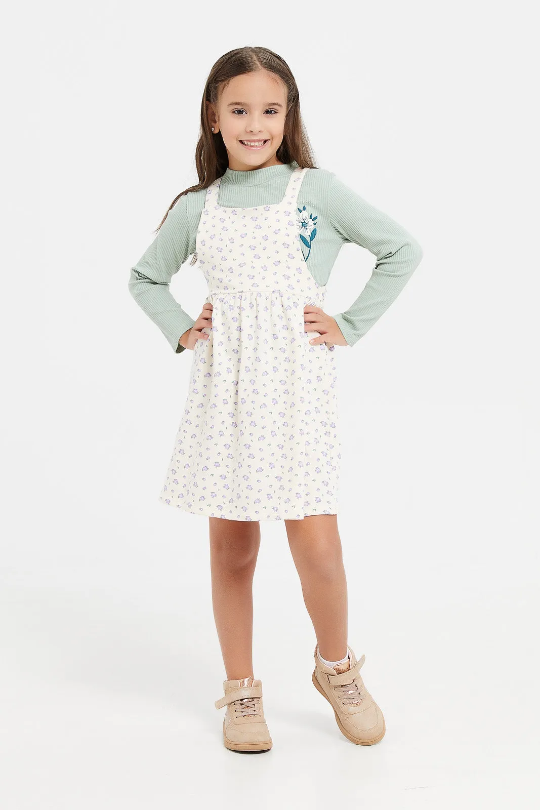 Girls Teal Printed Dungaree Set (2 Piece)