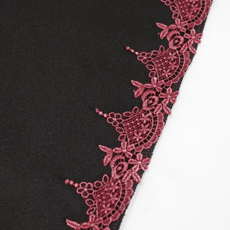 Gothic Floral Embroidered Splice Cape with Pompons / Black Short Cape with Red Guipure