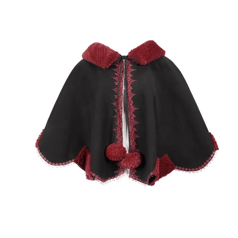 Gothic Floral Embroidered Splice Cape with Pompons / Black Short Cape with Red Guipure