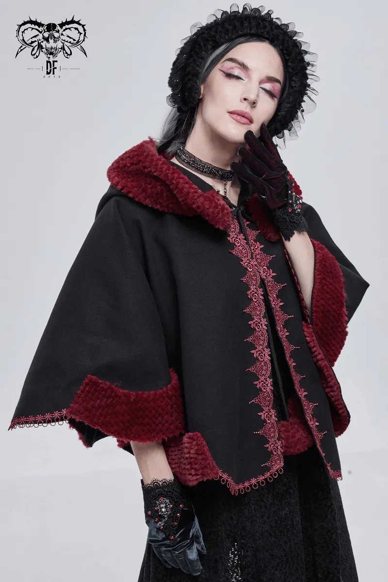 Gothic Floral Embroidered Splice Cape with Pompons / Black Short Cape with Red Guipure