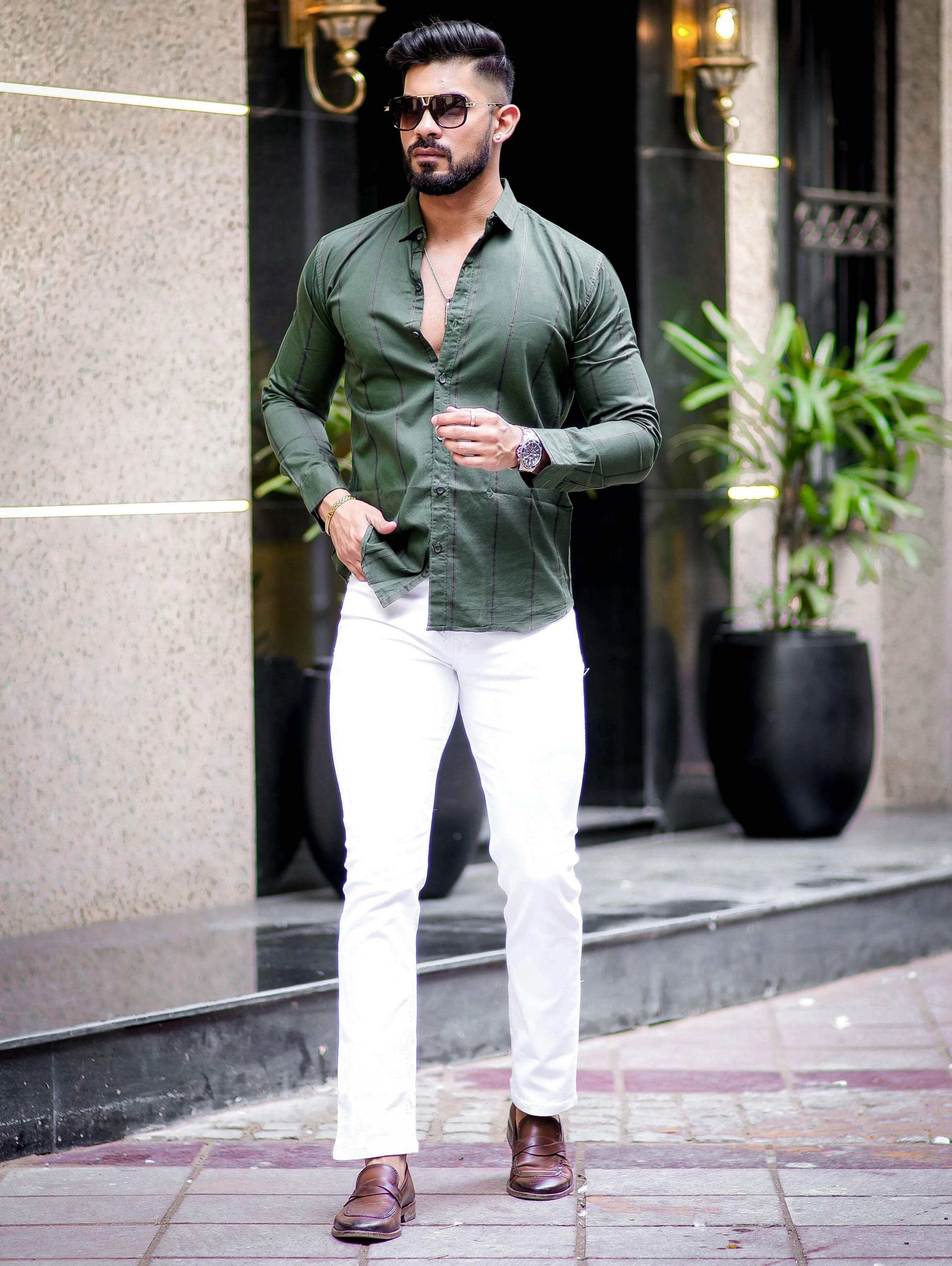 Green Stripe Printed Cotton Shirt For Men's