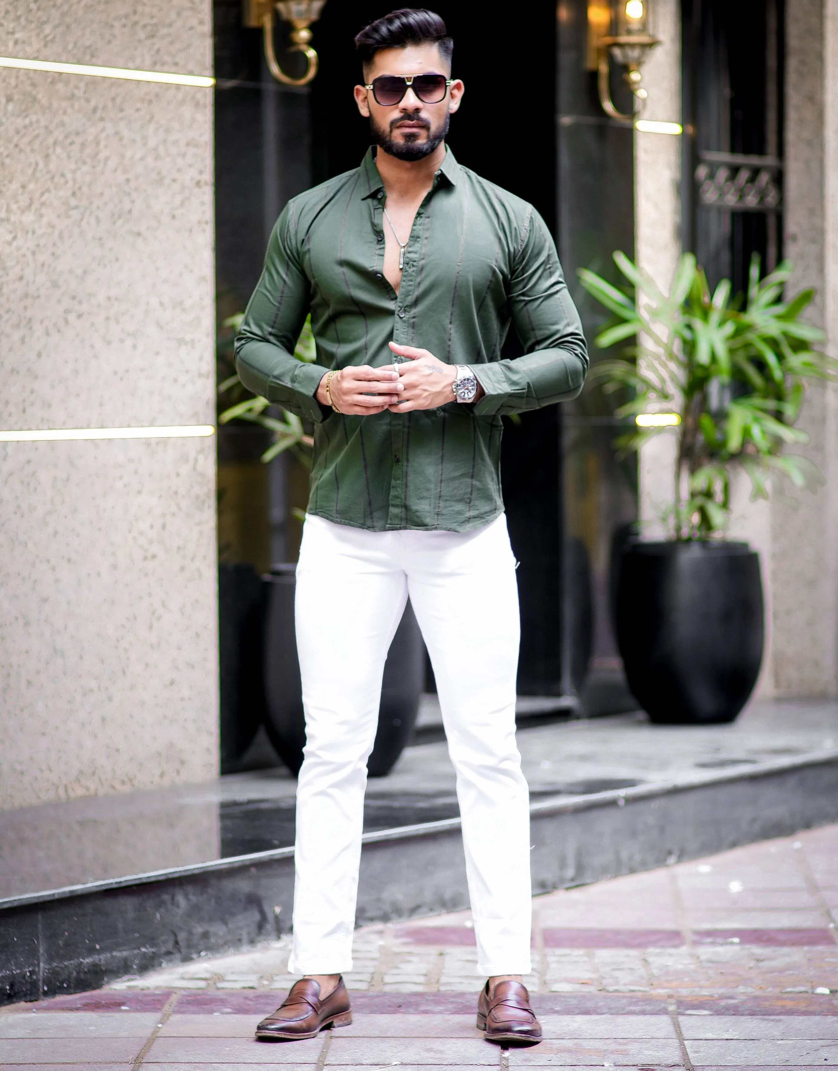 Green Stripe Printed Cotton Shirt For Men's