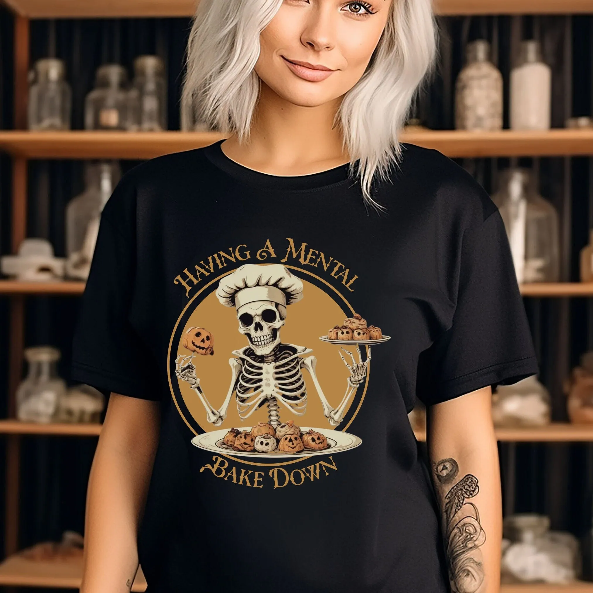 Having A Mental Bake Down Skeleton Halloween T-Shirt, Funny Halloween Skeleton Baking Tee, Quirky Halloween Graphic Tee Shirt