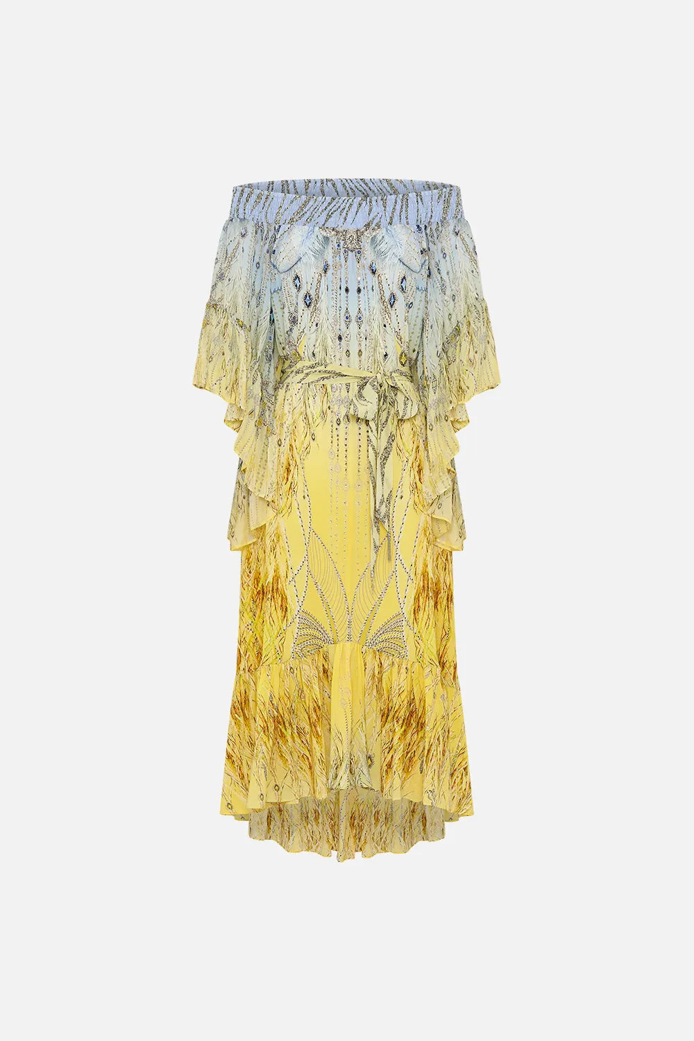 HIGH LOW HEM OFF SHOULDER DRESS MOON AND BACK