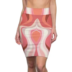 High Waist Womens Pencil Skirt - Contour Stretch - Boho Pink and White Contemporary Art Lined Pattern