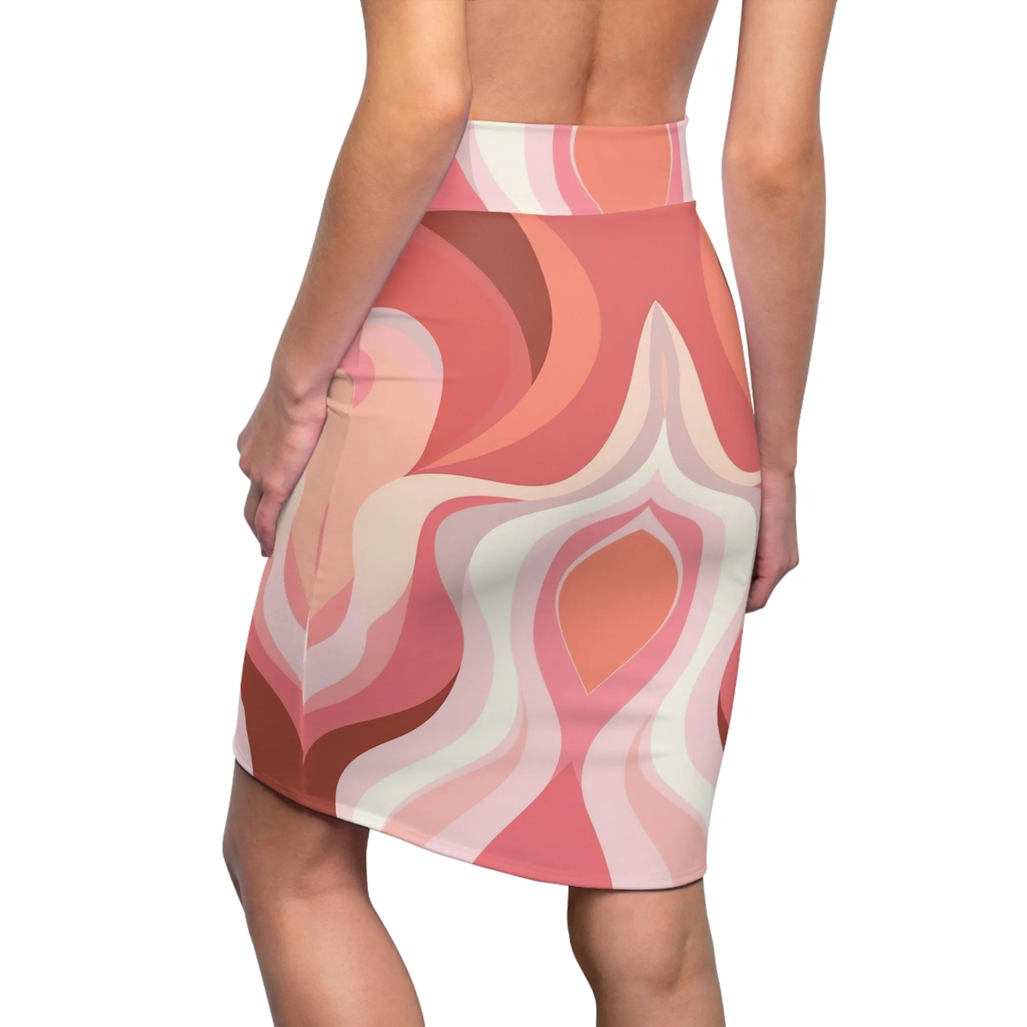 High Waist Womens Pencil Skirt - Contour Stretch - Boho Pink and White Contemporary Art Lined Pattern