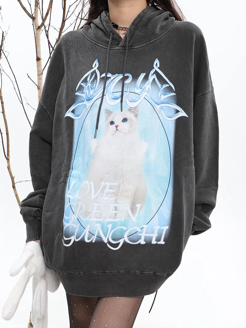 ICY KITTY Graphic Print Solid Color Long Sleeve Hoodie
