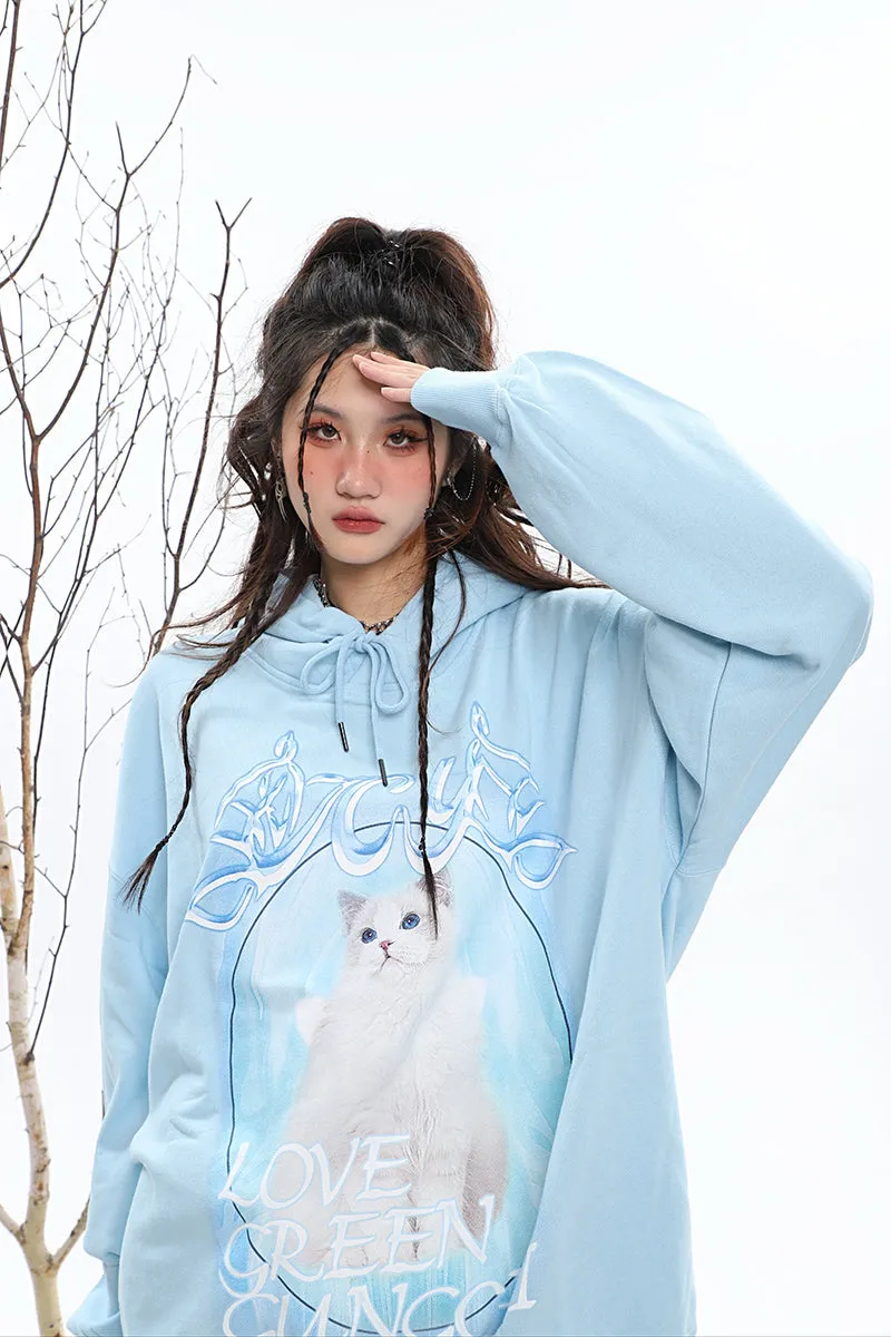 ICY KITTY Graphic Print Solid Color Long Sleeve Hoodie