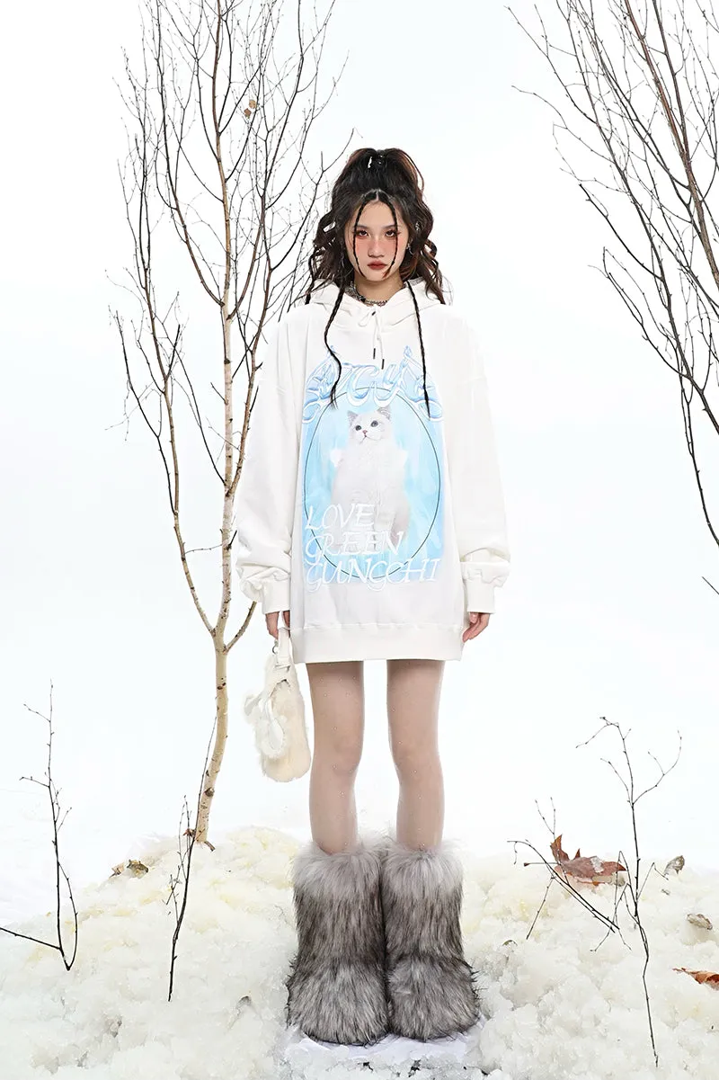 ICY KITTY Graphic Print Solid Color Long Sleeve Hoodie