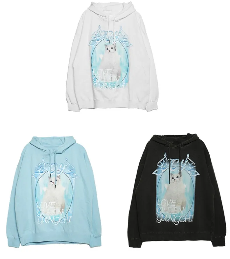 ICY KITTY Graphic Print Solid Color Long Sleeve Hoodie