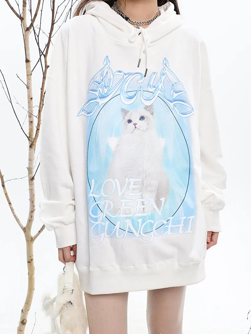 ICY KITTY Graphic Print Solid Color Long Sleeve Hoodie