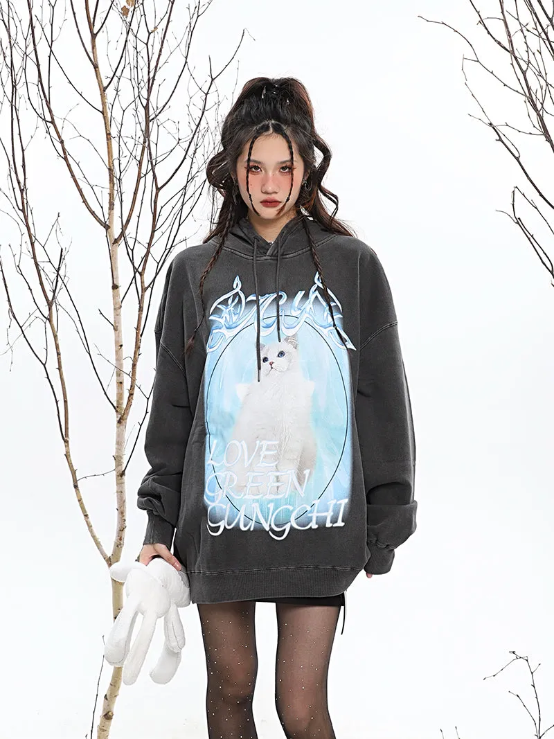 ICY KITTY Graphic Print Solid Color Long Sleeve Hoodie