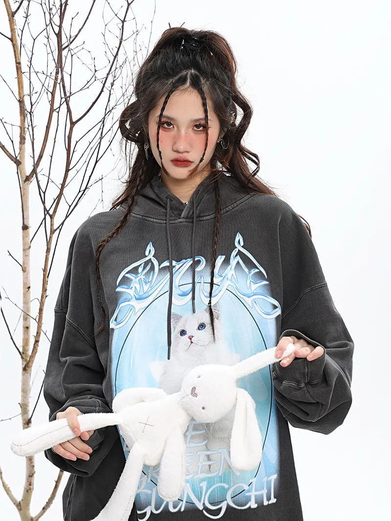 ICY KITTY Graphic Print Solid Color Long Sleeve Hoodie