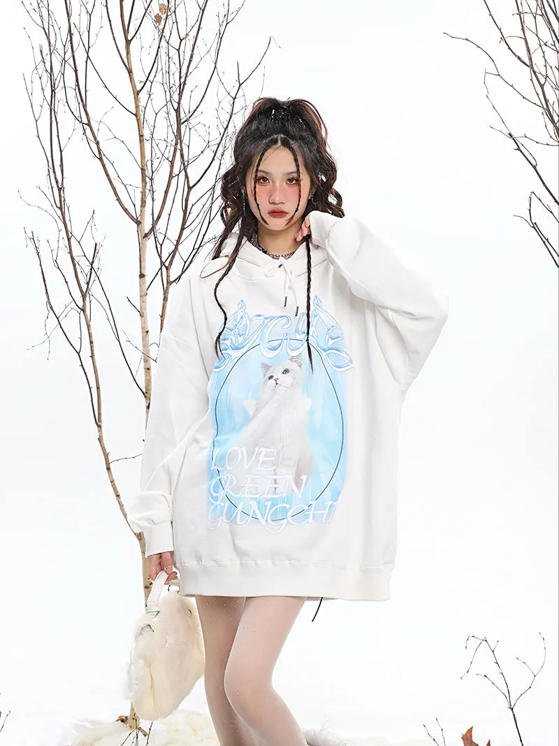 ICY KITTY Graphic Print Solid Color Long Sleeve Hoodie