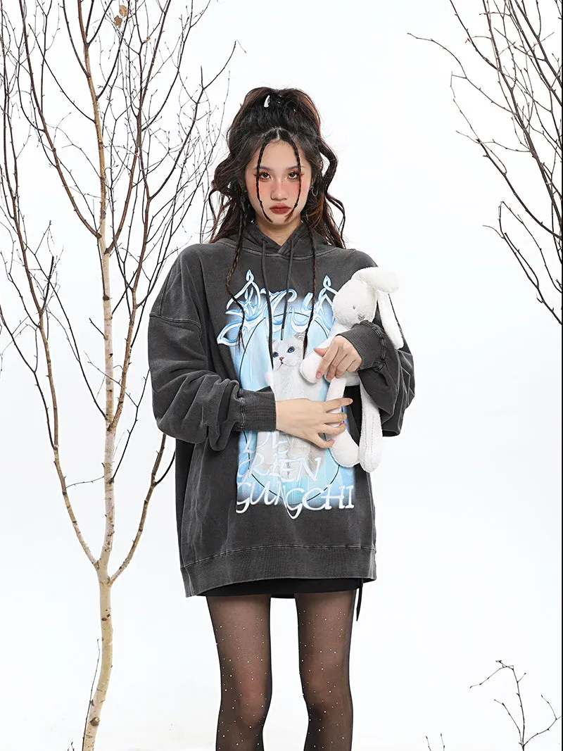 ICY KITTY Graphic Print Solid Color Long Sleeve Hoodie