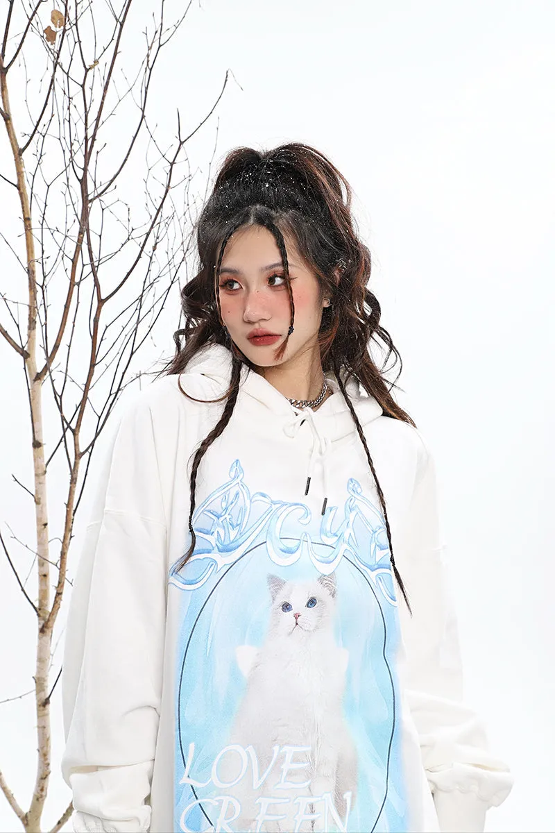 ICY KITTY Graphic Print Solid Color Long Sleeve Hoodie