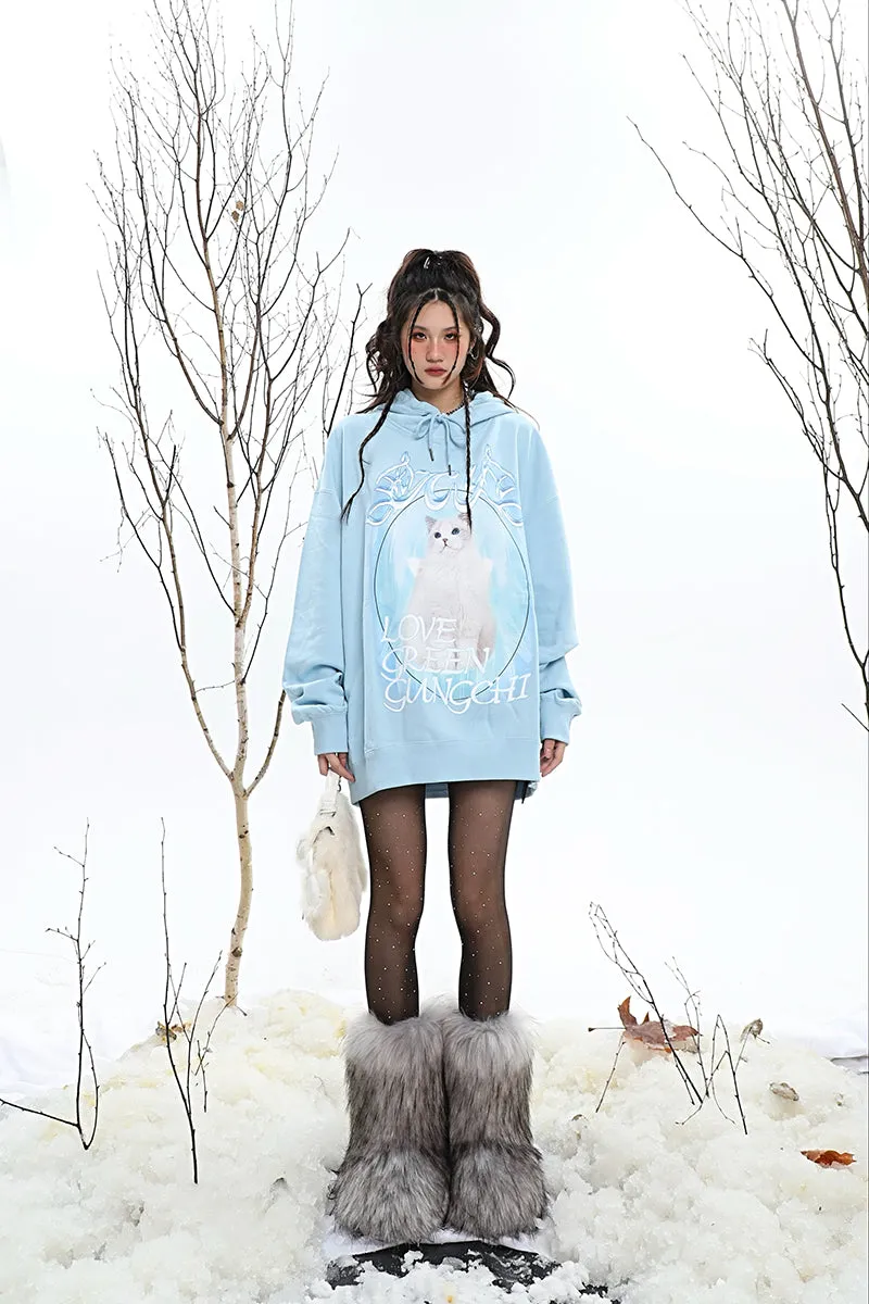 ICY KITTY Graphic Print Solid Color Long Sleeve Hoodie