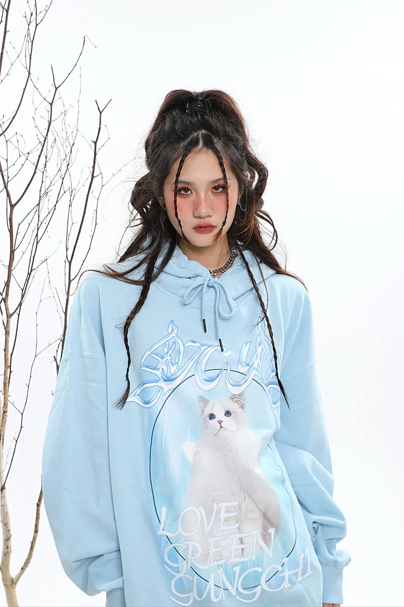 ICY KITTY Graphic Print Solid Color Long Sleeve Hoodie