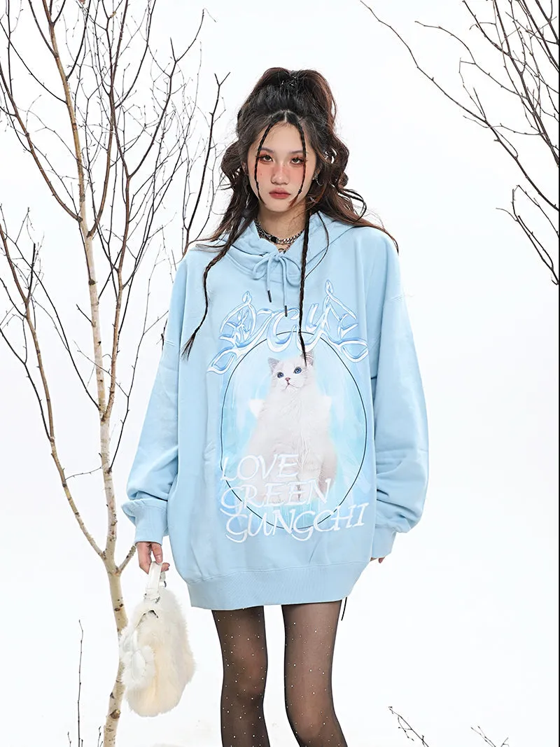 ICY KITTY Graphic Print Solid Color Long Sleeve Hoodie