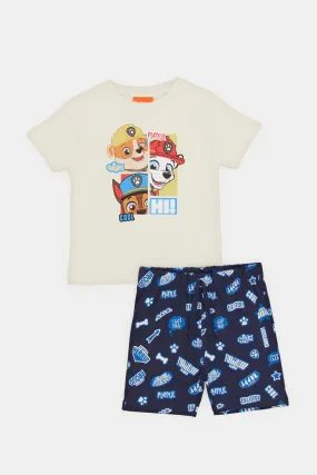 Infant Boys Cream And Navy Printed T-Shirt Pyjama Set (2 Piece)