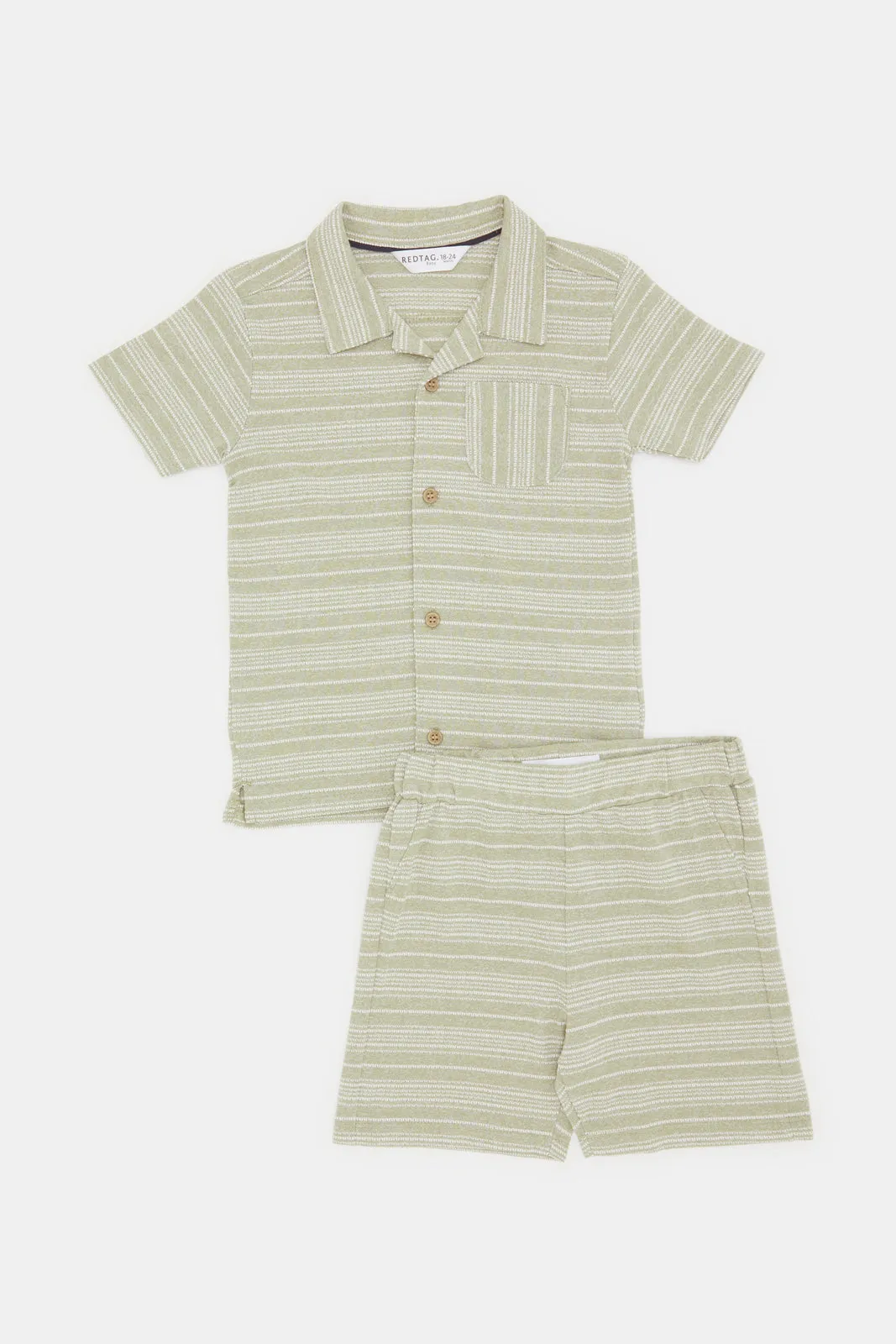 Infant Boys Green Striped Shirt And Short Set (2 Piece)